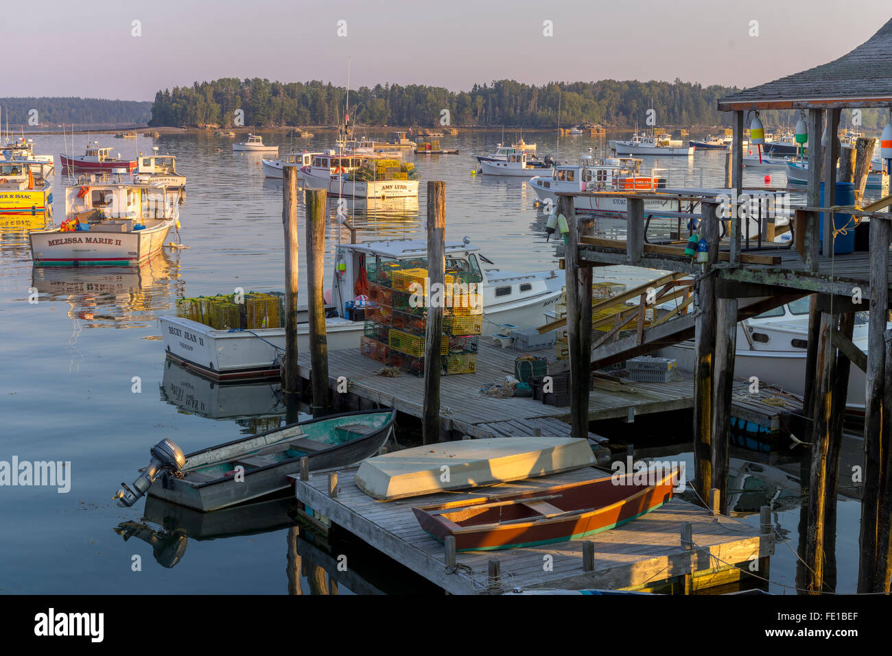 Central coast, Maine Harbor view of boats and docks of Friendship