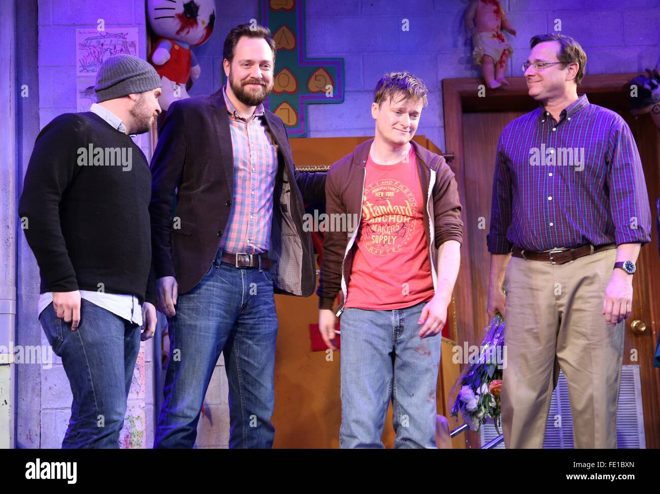 Closing night of the Broadway play Hand To God at the Booth Theatre - Curtain Call.  Featuring: Robert Askins, Moritz Von Stuelpnagel, Steven Boyer, Bob Saget Where: New York, New York, United States When: 03 Jan 2016 Stock Photo