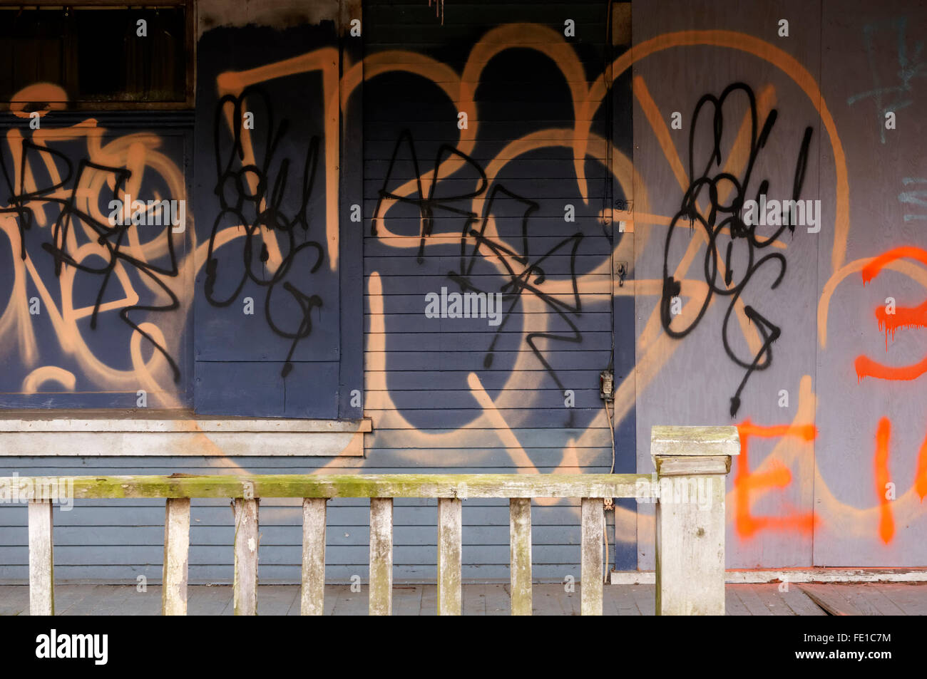 Chaotic urban graffiti on the front of an abandoned house in Vancouver, Canada Stock Photo