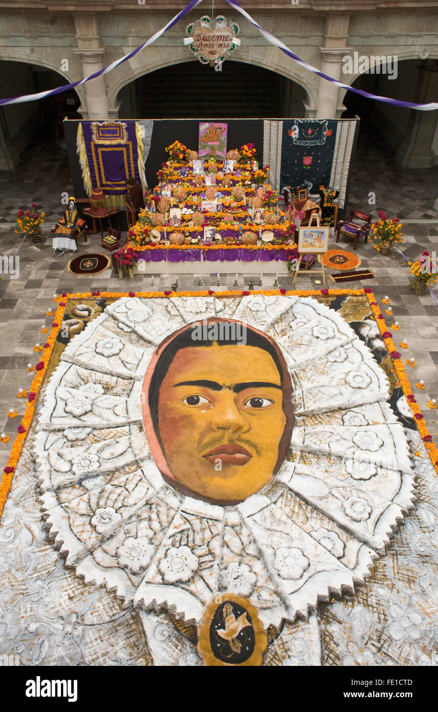 Giant sand painting and altar for Day of the Dead honoring the Mexican artist Frida Kahlo, Governor's Palace, Oaxaca, Mexico Stock Photo