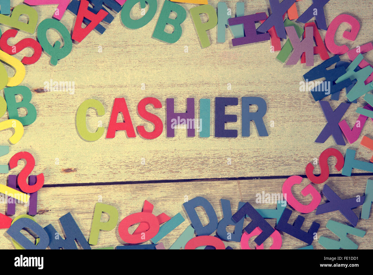 cashier word block concept photo on plank wood Stock Photo Alamy