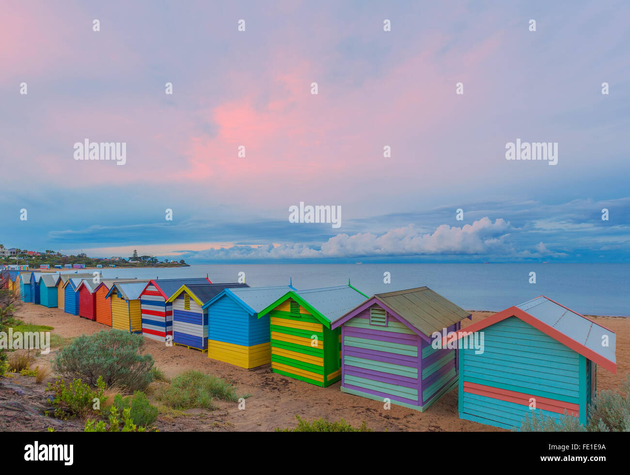 Colorful Brighton bathing houses at sunrise, Melbourne, Victoria
