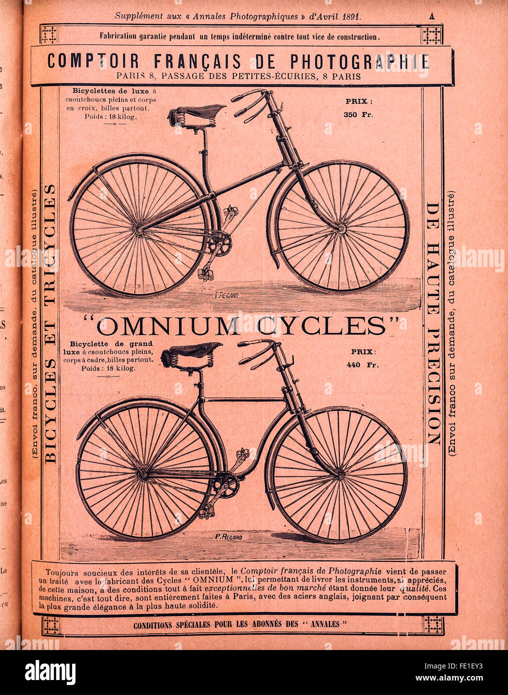 1890s advert for “Omnium Cycles” bicycle from French magazine. Stock Photo