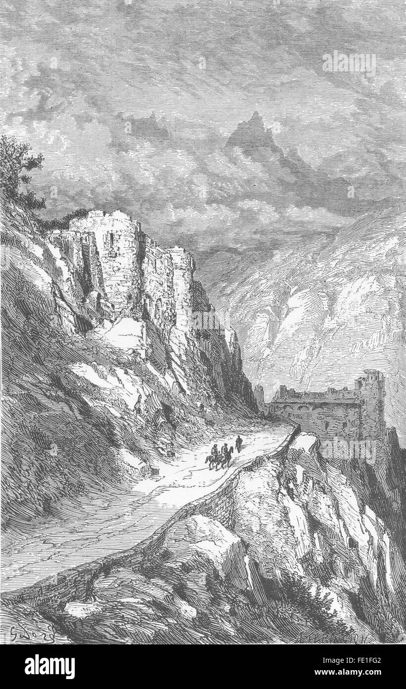 SPAIN: Col de Perthus(Chateau De Bellegarde), antique print 1881 Stock Photo