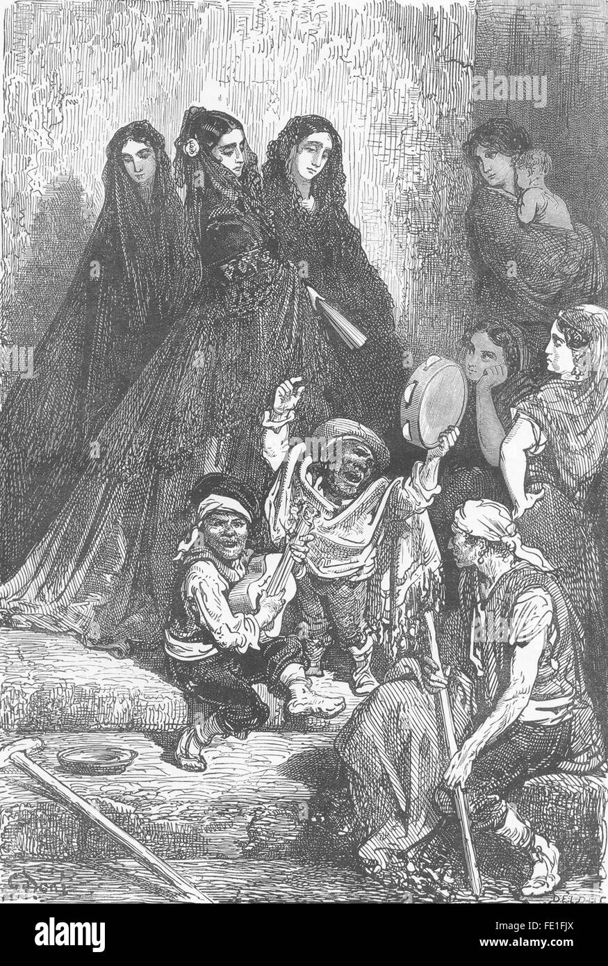 SPAIN: Ladies of Granada listening to Itinerant dwarf musicians, print 1881 Stock Photo