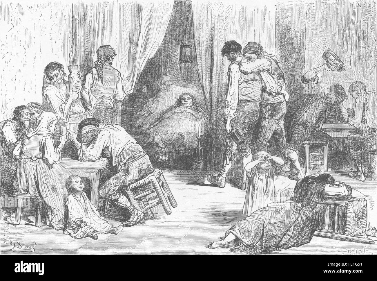 SPAIN: Gipsies Mourning(Suburb of Triana), antique print 1881 Stock Photo