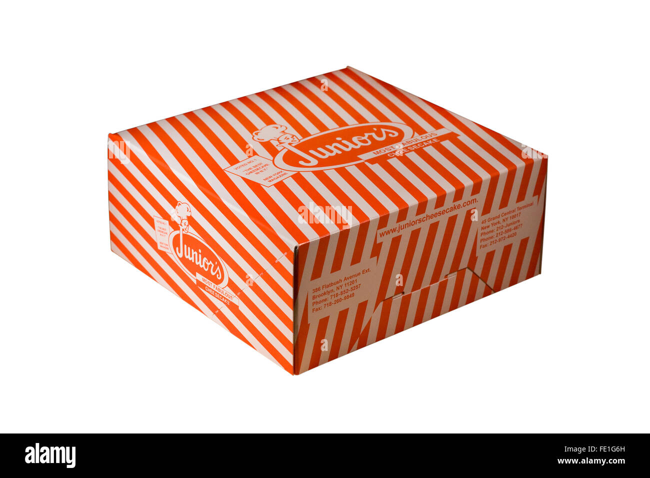 Cut Out. Striped Junior's Cheesecake Box from New York City on white background Stock Photo