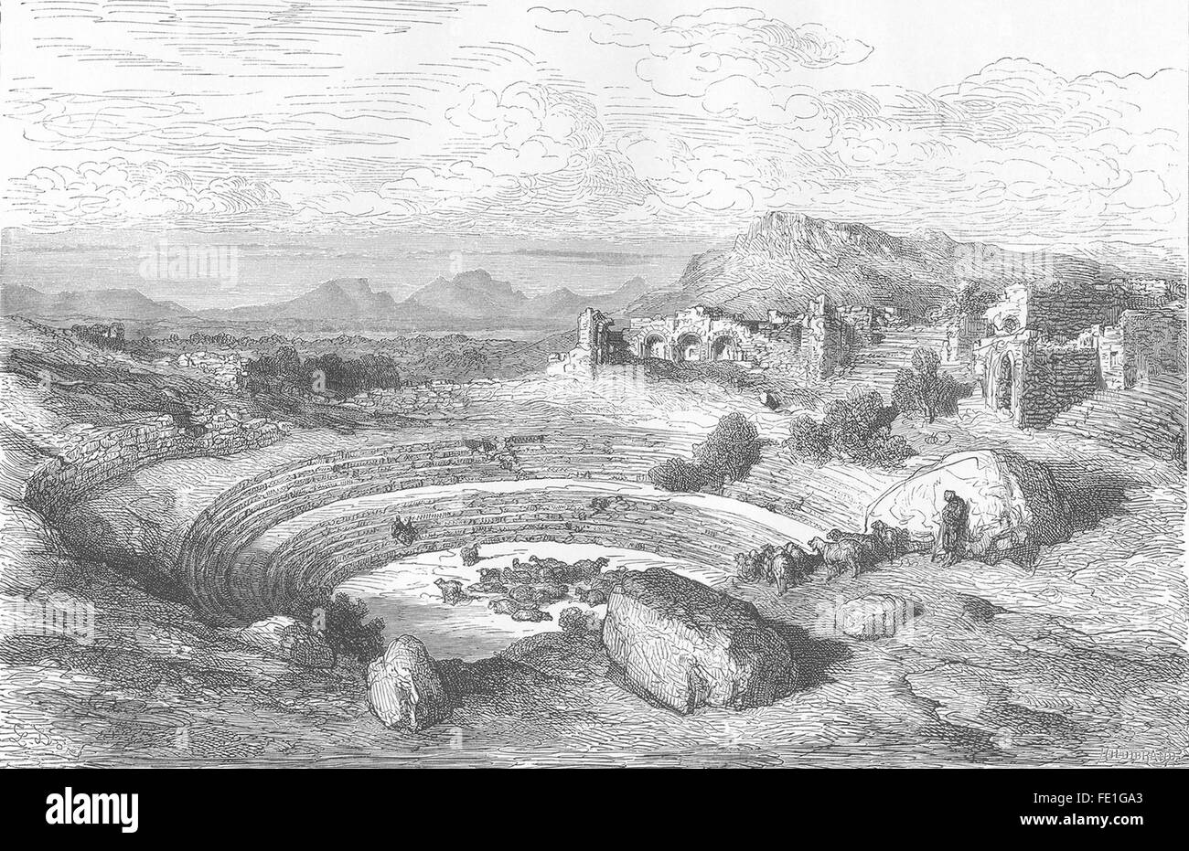 SPAIN: Ruins of the Ancient Theatre of Merida, antique print 1881 Stock Photo