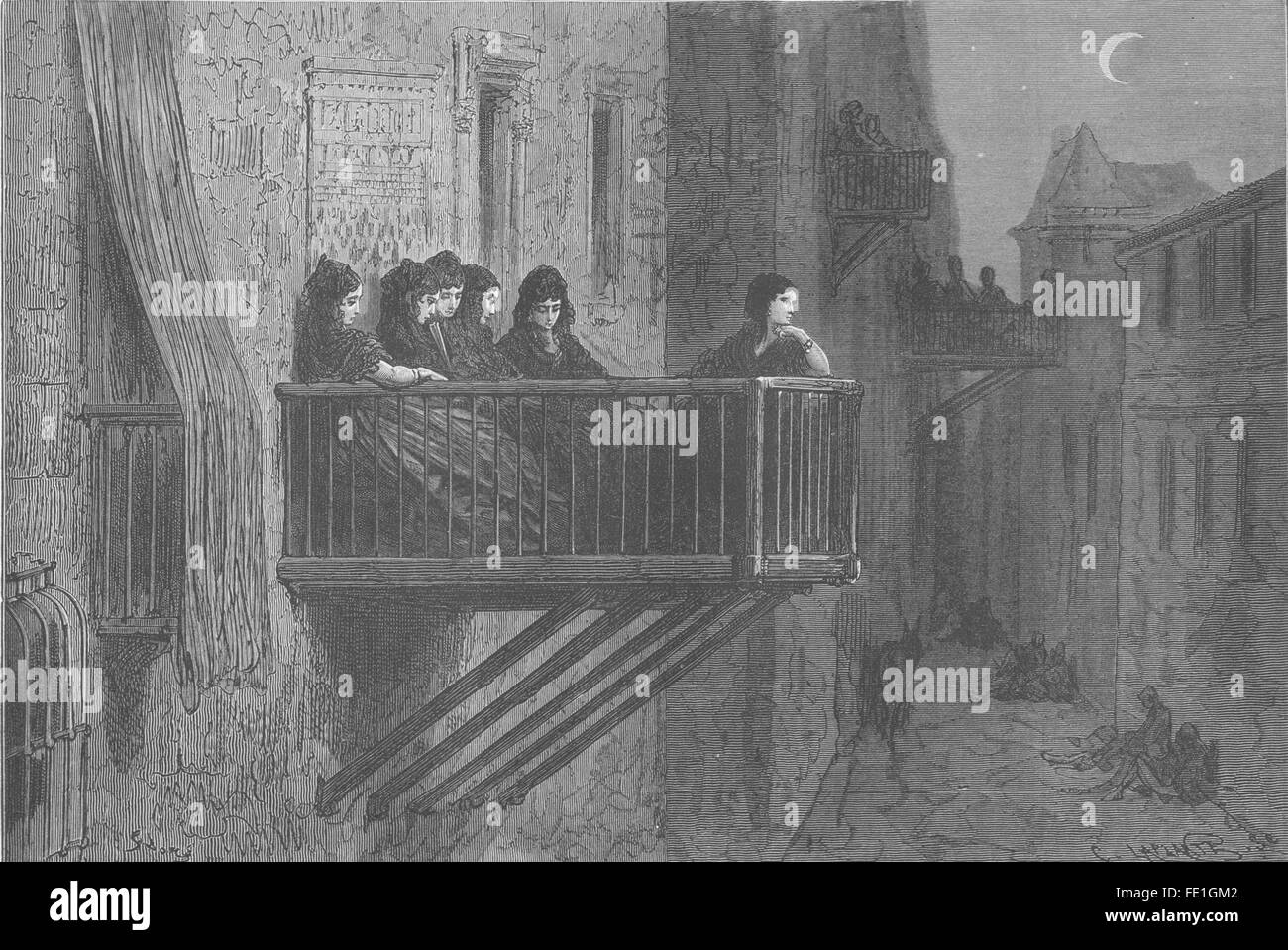 SPAIN: Balconies of Vitoria, antique print 1881 Stock Photo