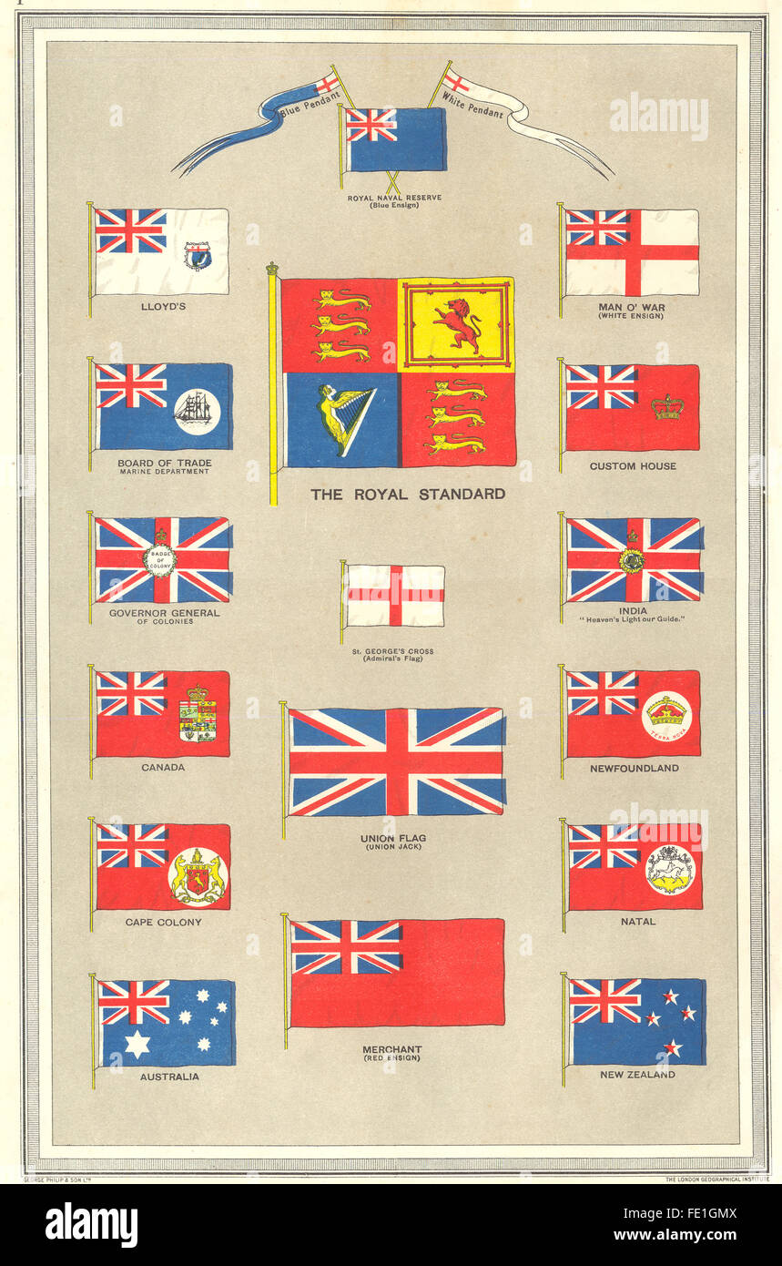 BRITISH EMPIRE FLAGS: Union Jack Red White Ensign Lloyd's Royal Standard, 1907 Stock Photo