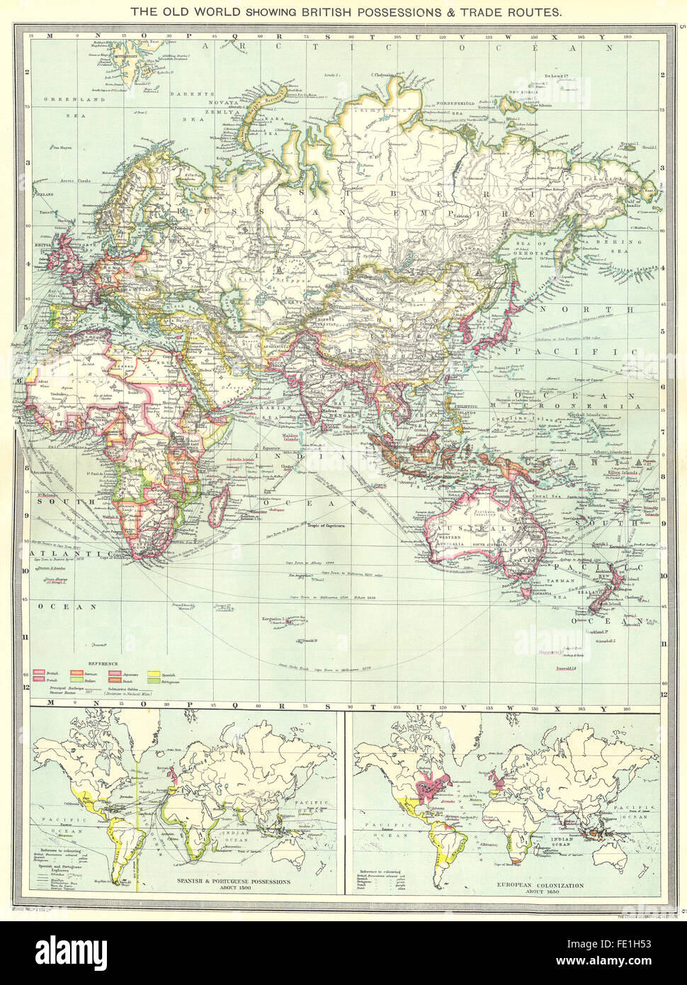 OLD WORLD: British Spanish Portuguese empires trade routes 1500 1650, 1907 map Stock Photo