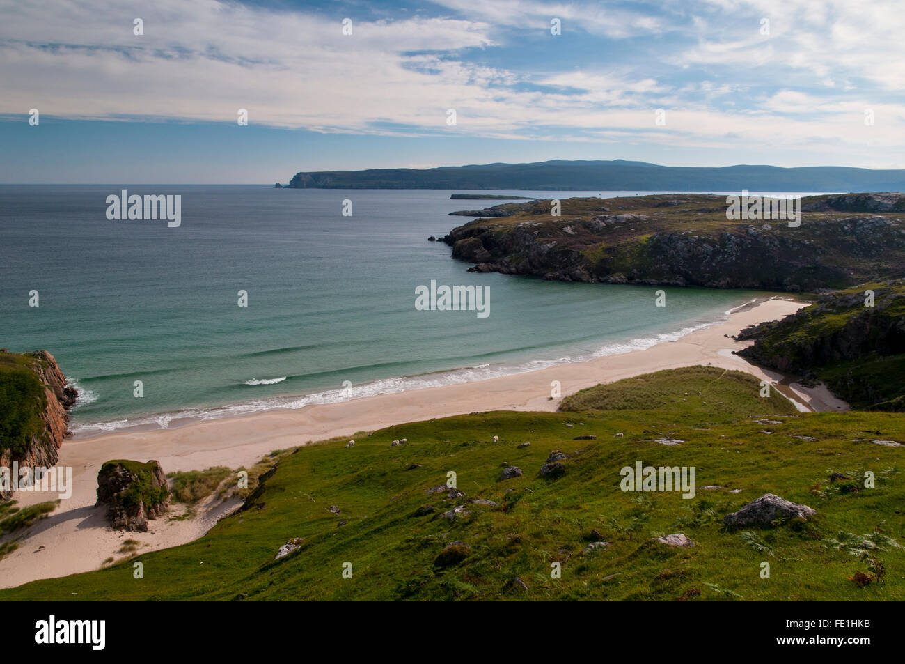 The beach of Tràigh Allt Chailgeag on the north coast of Scotland at Ceannabienne, Durness, Sutherland. August. Stock Photo