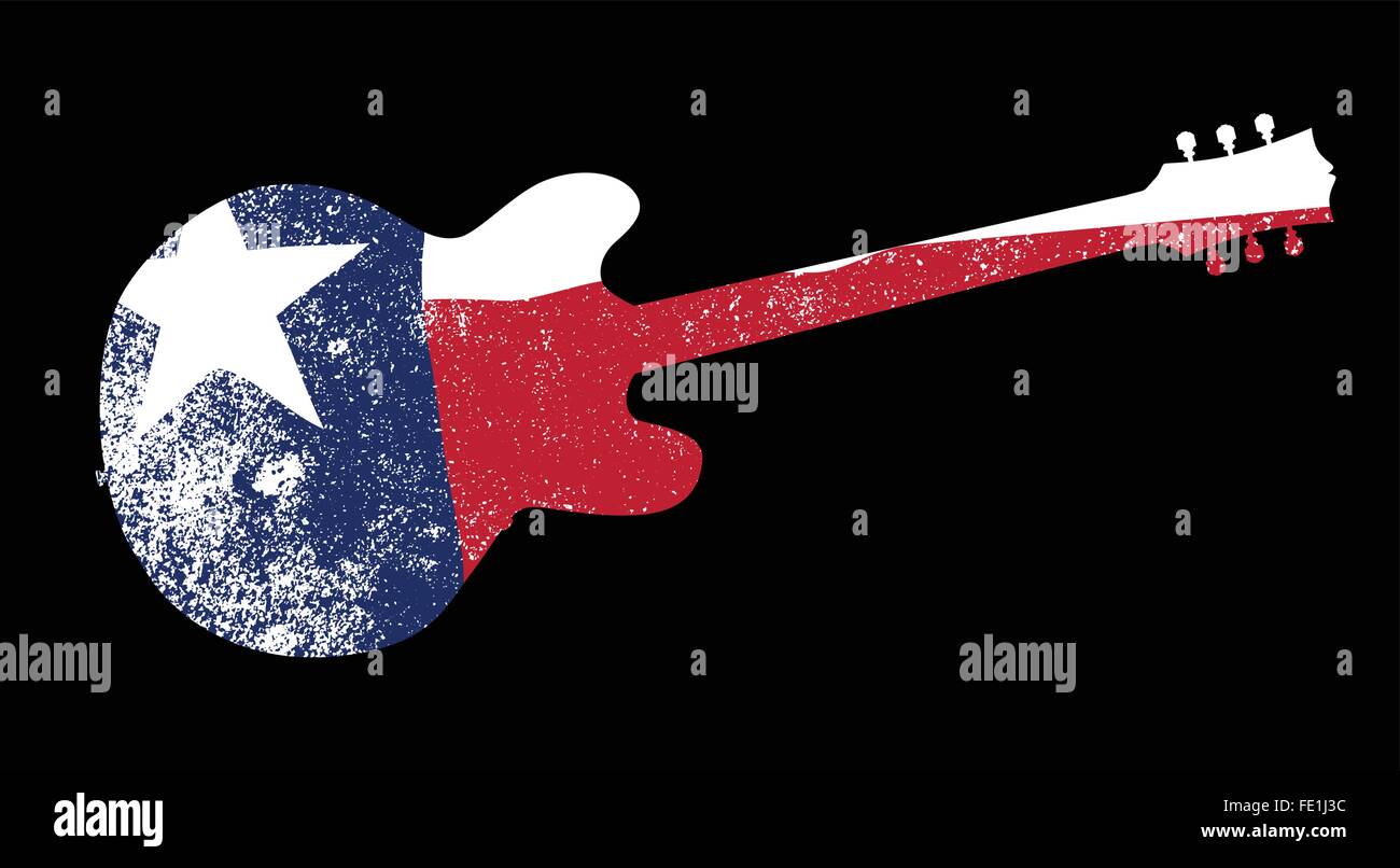 A Texas flag seen through an electric guitar outline on black Stock