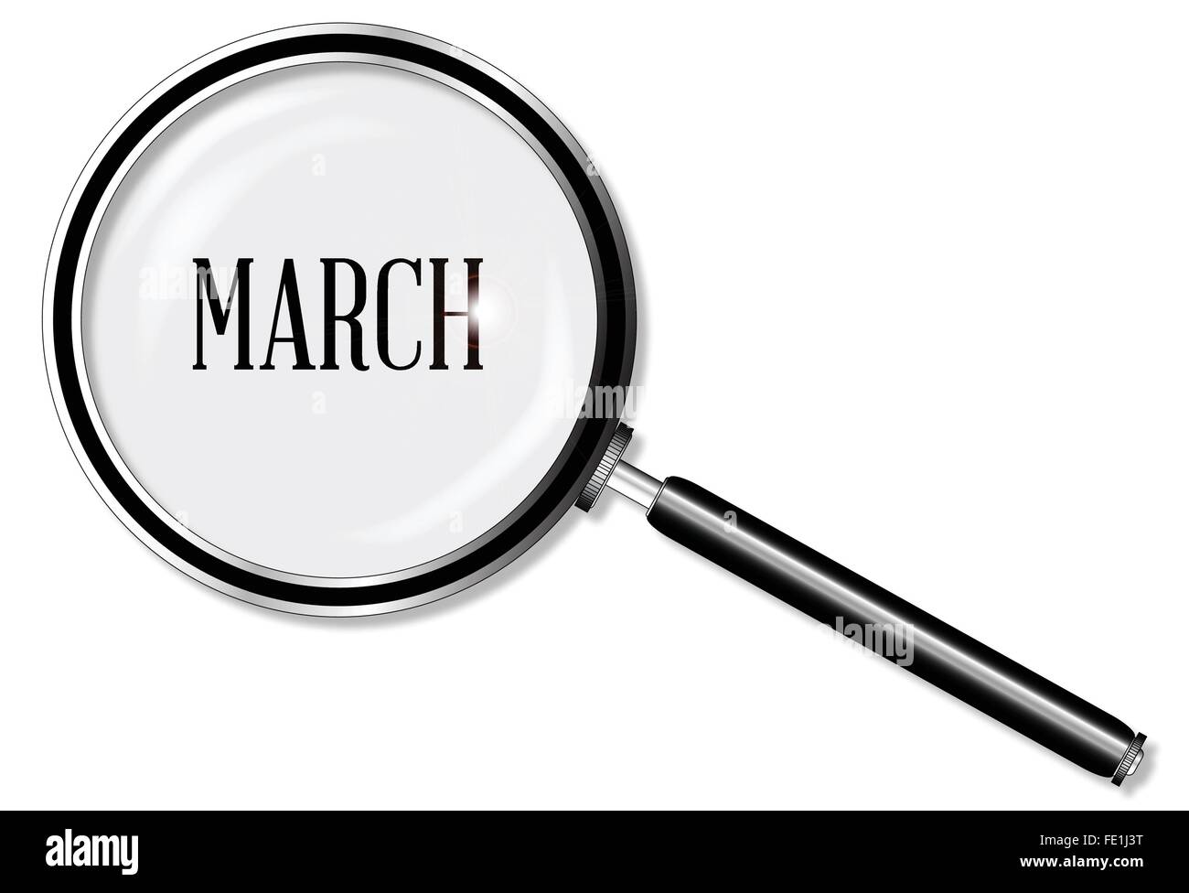 A magnifying glass over March over a white background Stock Vector