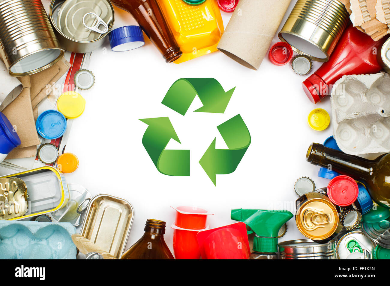 A selection of garbage for recycling. Segregated metal, plastic, paper and glass Stock Photo