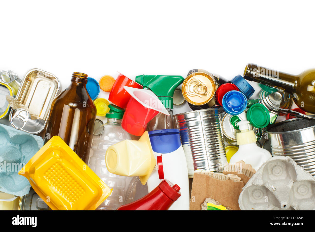 A selection of garbage for recycling. Segregated metal, plastic, paper and glass. Empty space for text Stock Photo
