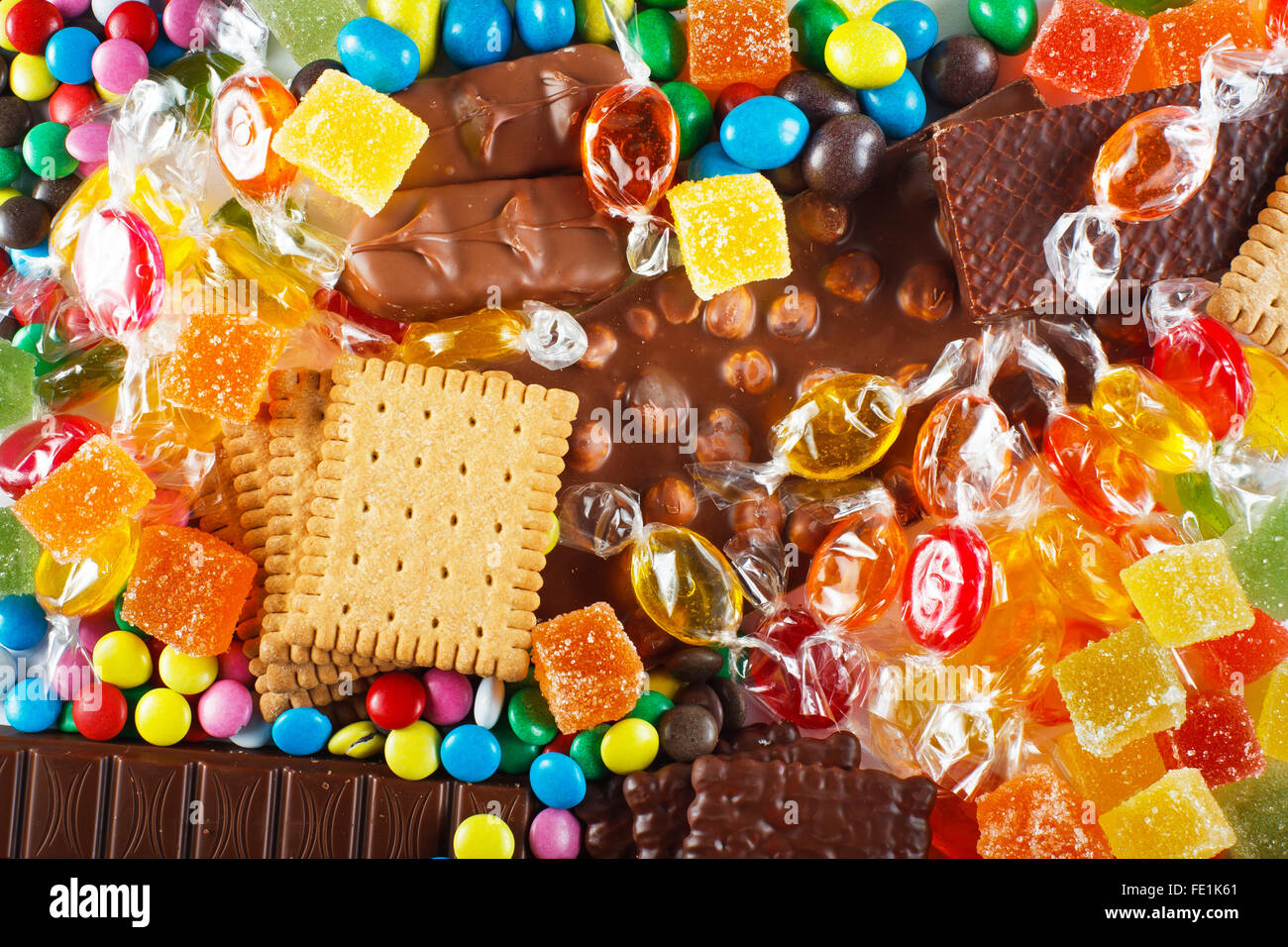 Food concept - candy, chocolate, candy bars, jelly Stock Photo