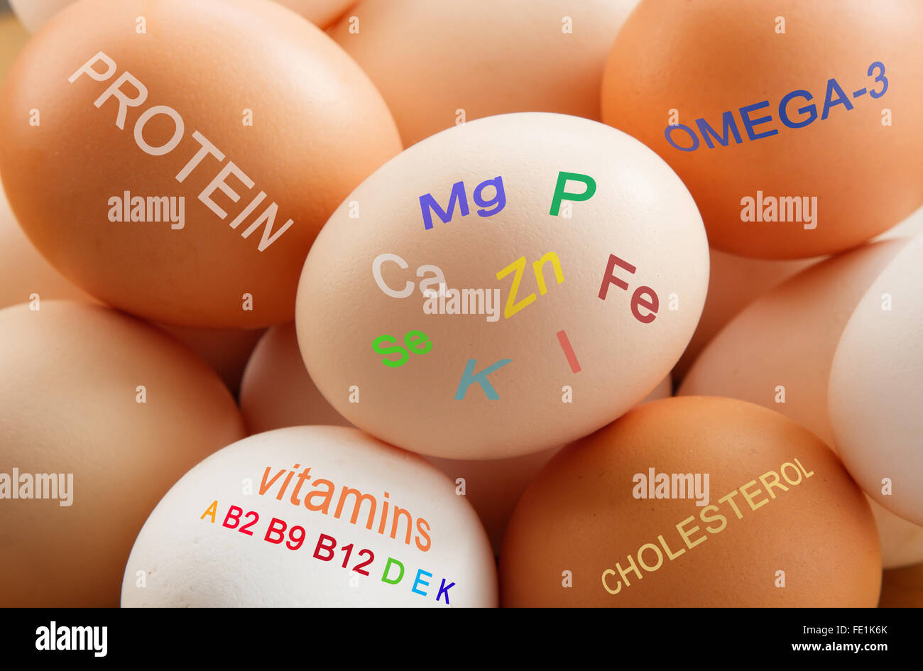 Micro elements and vitamins contained in eggs Stock Photo