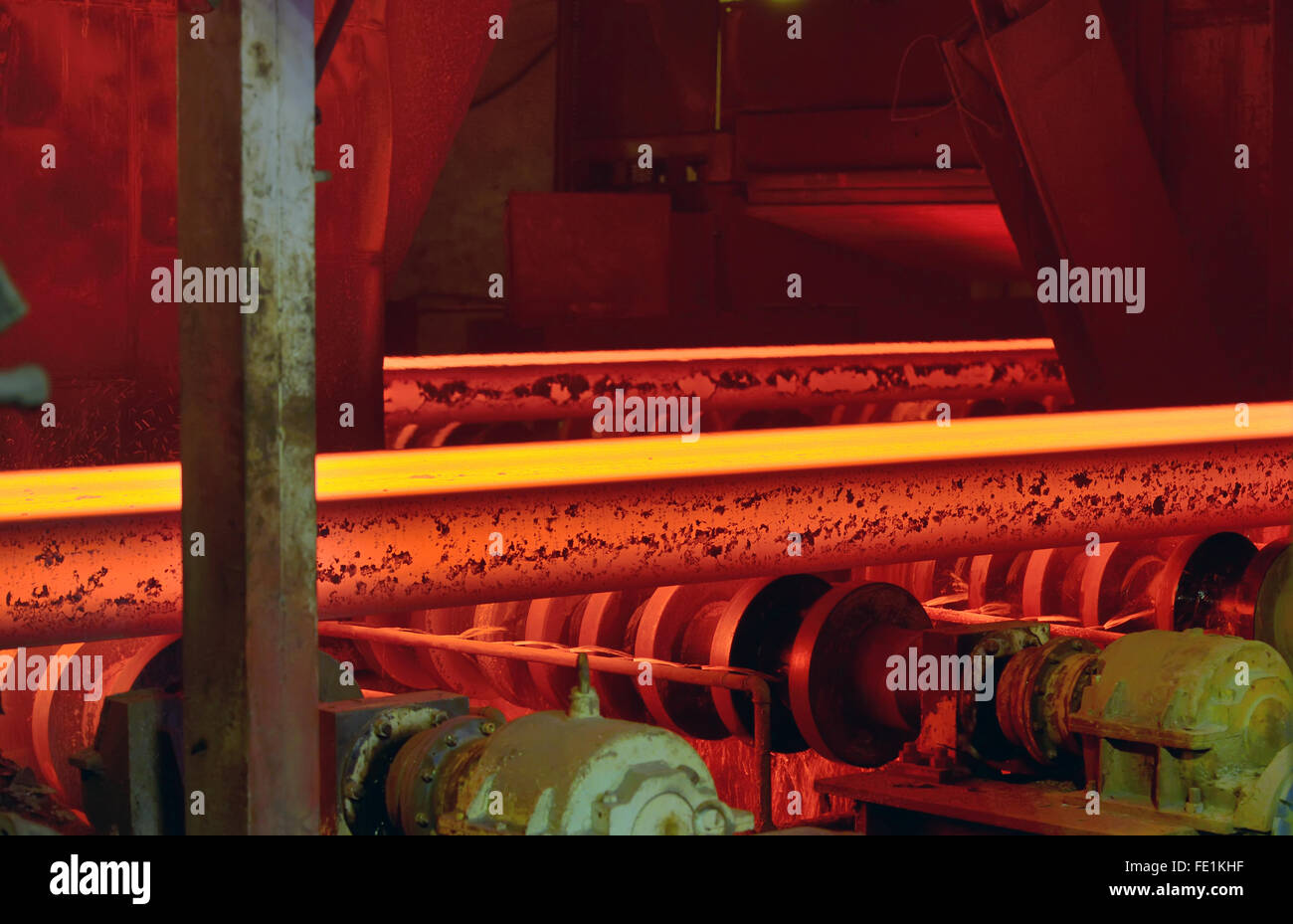 hot steel on conveyor in steel mill Stock Photo