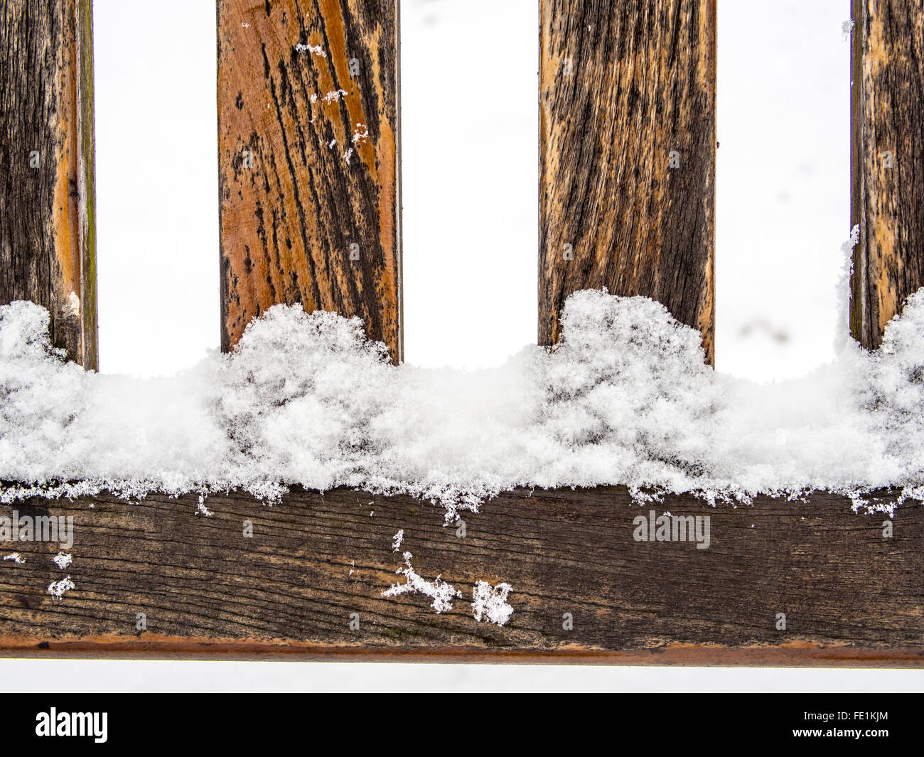 Four wooden rungs or spokes covered with snow Stock Photo