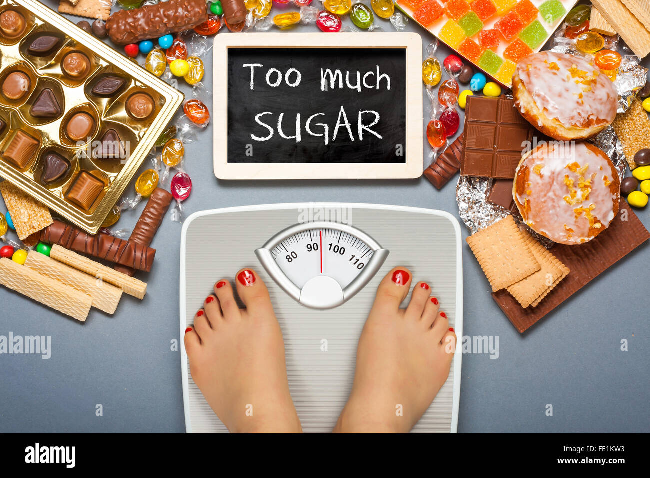 Unhealthy diet - overweight. Feet on bathroom scale and chocolate, jelly cubes, candies, chocolate bars, cookies, donuts Stock Photo