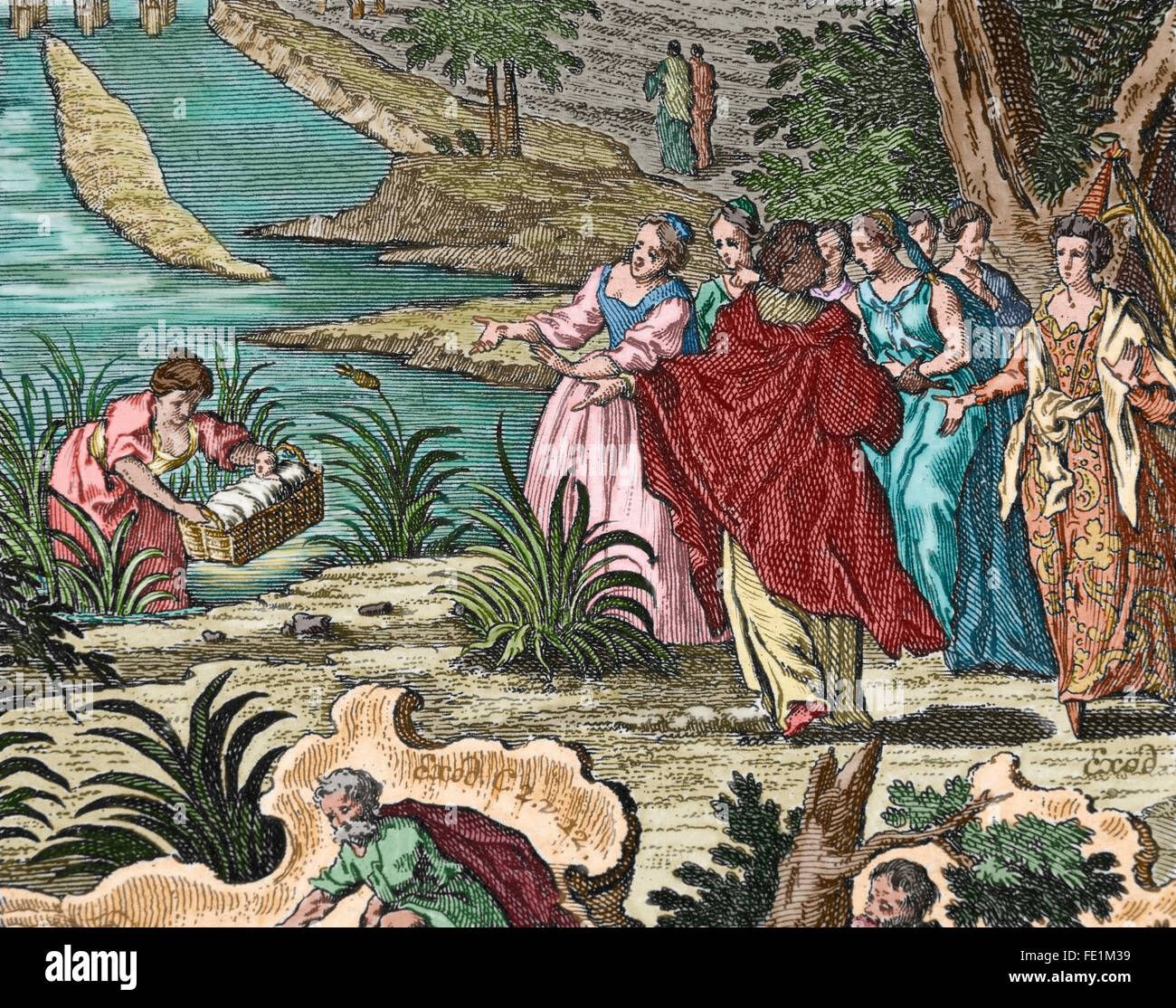 Moses rescued from the Nile by the daughter of Pharaoh of Egypt. Exodus. Chapter 2, Verse 5. Engraving. Colored. Stock Photo