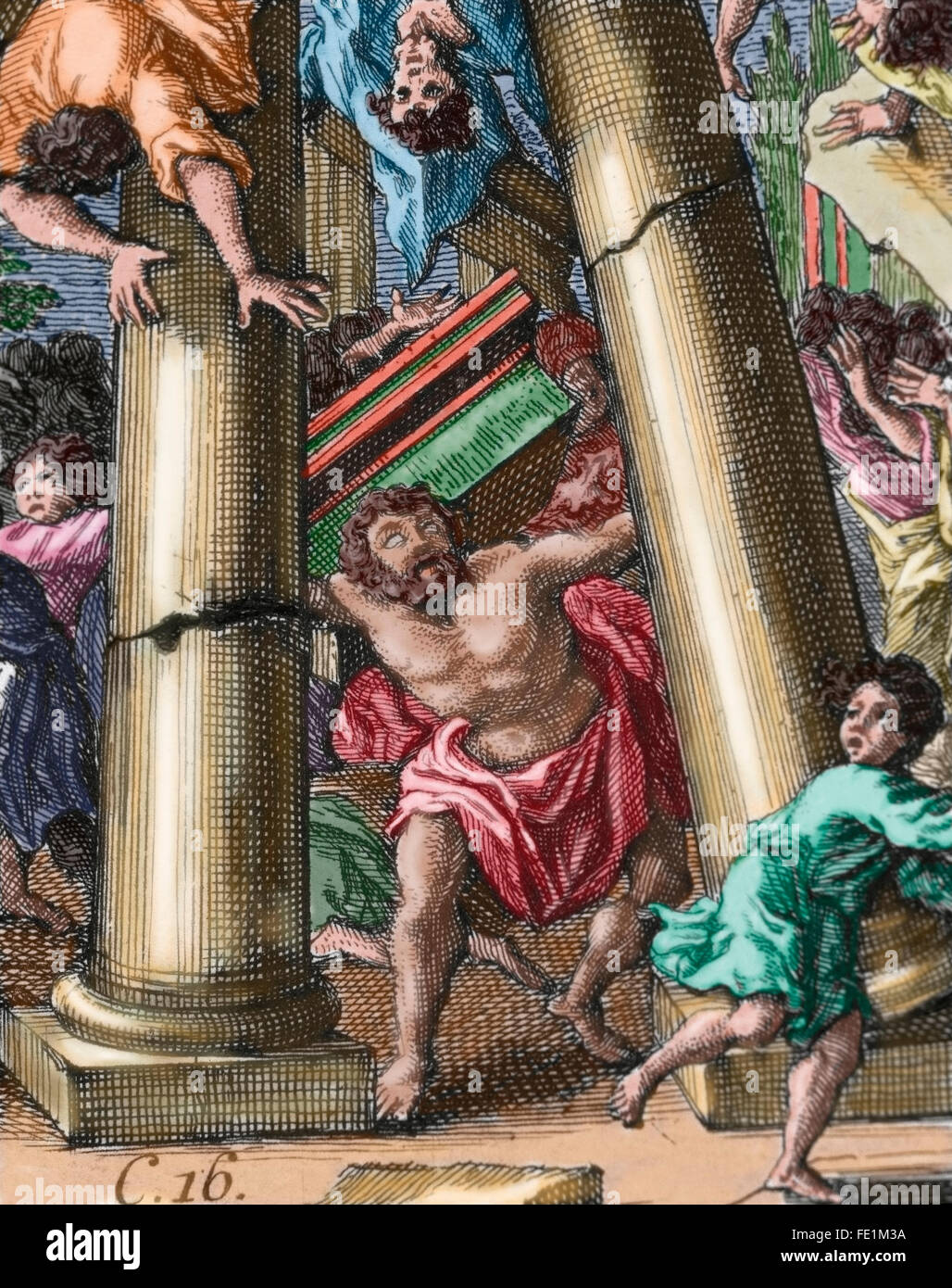 Samson destroying the temple of Dagon. Book of Judges. Chapter 16. Engraving. Colored. Stock Photo
