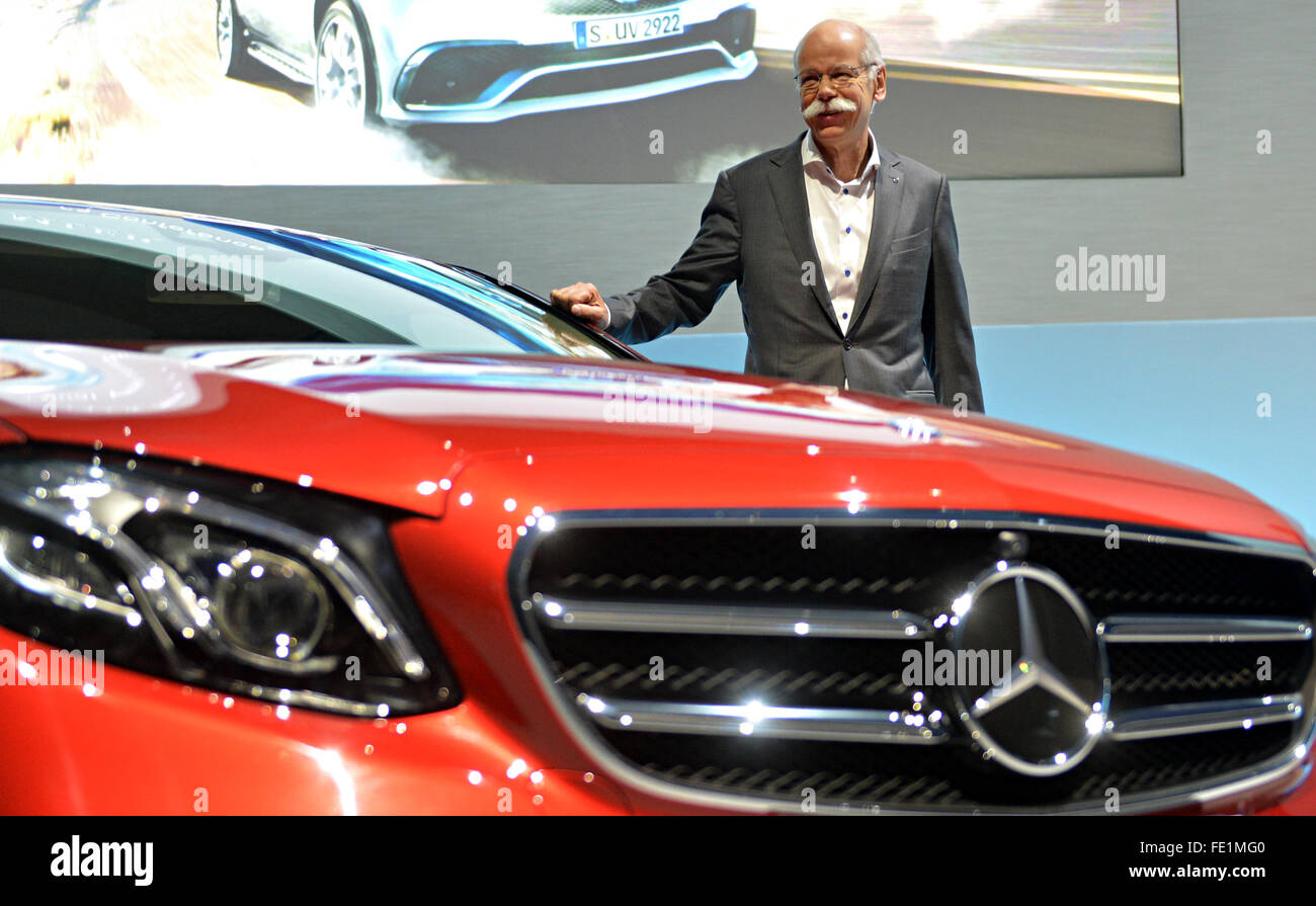 Stuttgart, Germany. 04th Feb, 2016. Daimler AG CEO Dieter Zetsche poses next to a Mercedes-Benz E-Class prior to the annual press conference of German automotive corporation Daimler in Stuttgart, Germany, 04 February 2016. Photo: FRANZISKA KRAUFMANN/dpa/Alamy Live News Stock Photo