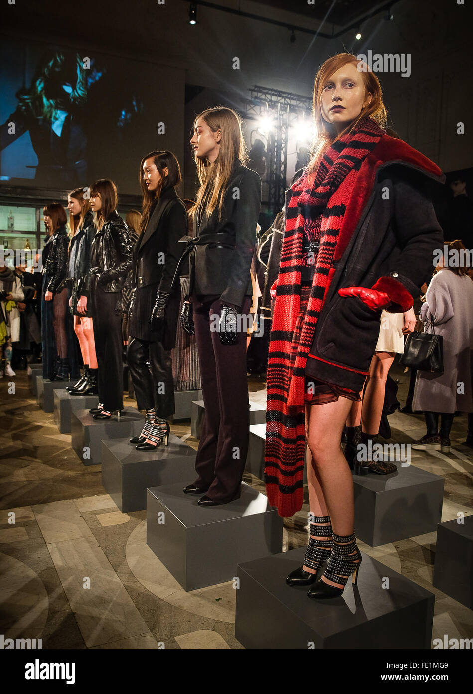 Stockholm, Sweden. 3rd Feb, 2016. Models display designs from Swedish fashion brand J. Lindeberg during the Stockholm Fashion Week autumn/winter 2016 in Stockholm, capital of Sweden, on Feb. 3, 2016. The collection uses fabrics like soft mohair, wools and quilted nylons in rich earth tones blended into complex layers to create an impression of rain forests, tundra and highlands. © Rob Schoenbaum/Xinhua/Alamy Live News Stock Photo