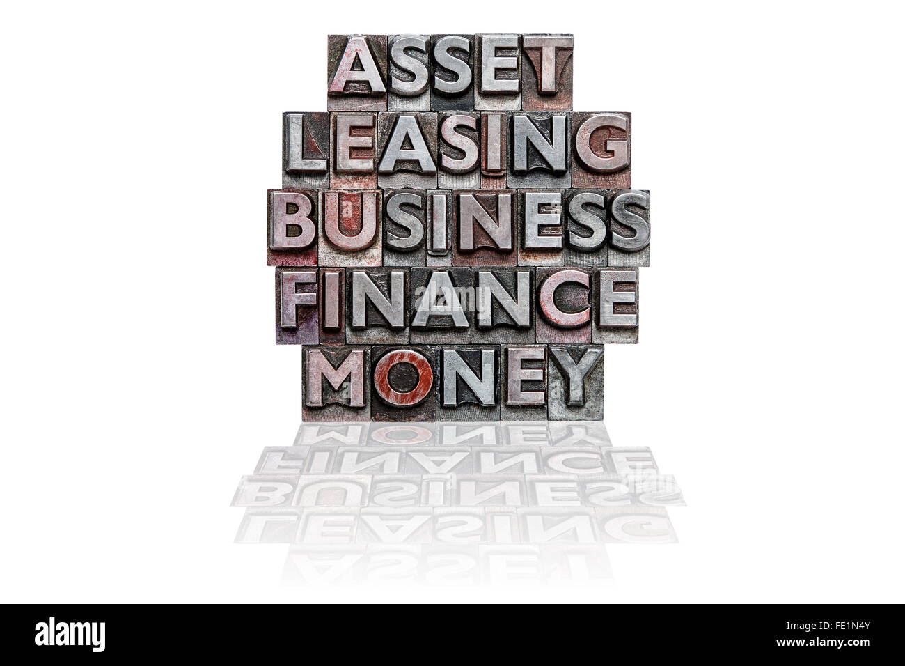The words ASSET, LEASING, BUSINESS, FINANCE and MONEY in a stack made from old metal letterpress on a white background. Stock Photo