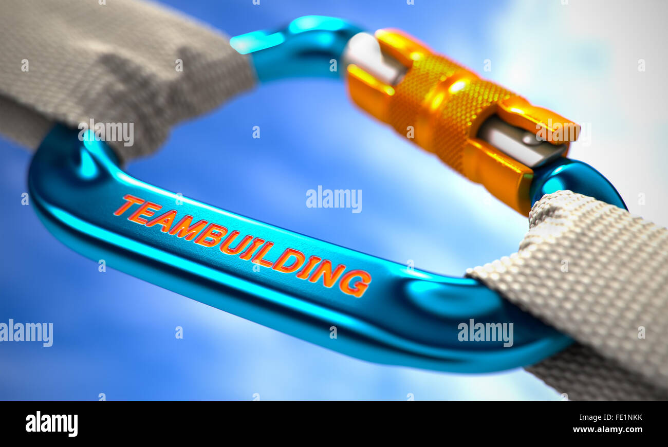 Blue Carabiner Hook with Text Teambuilding Stock Photo Alamy
