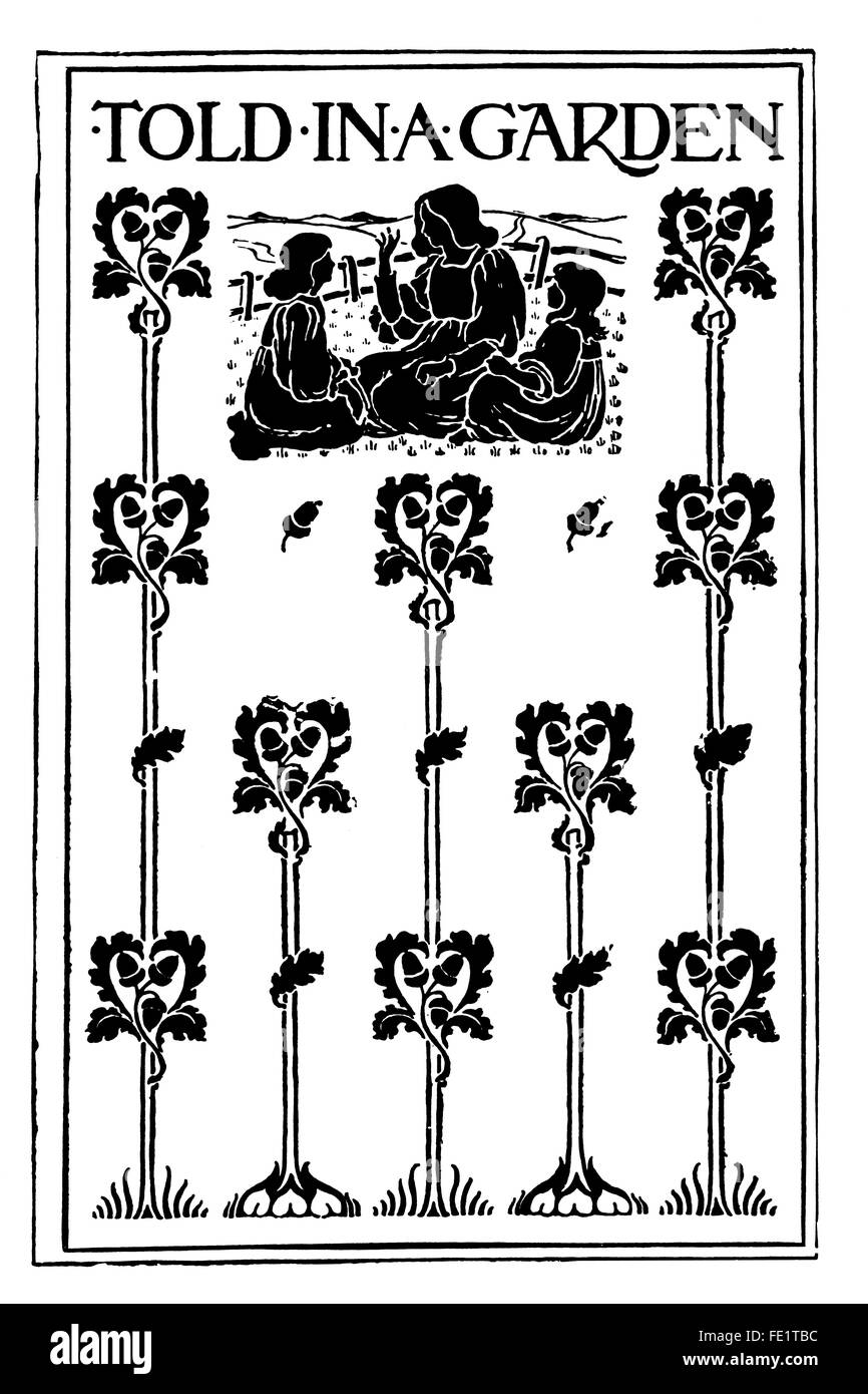 Told in a garden, book cover design by Emily Ann Atwell of London art nouveau line Illustration from 1897 The Studio Magazine Stock Photo