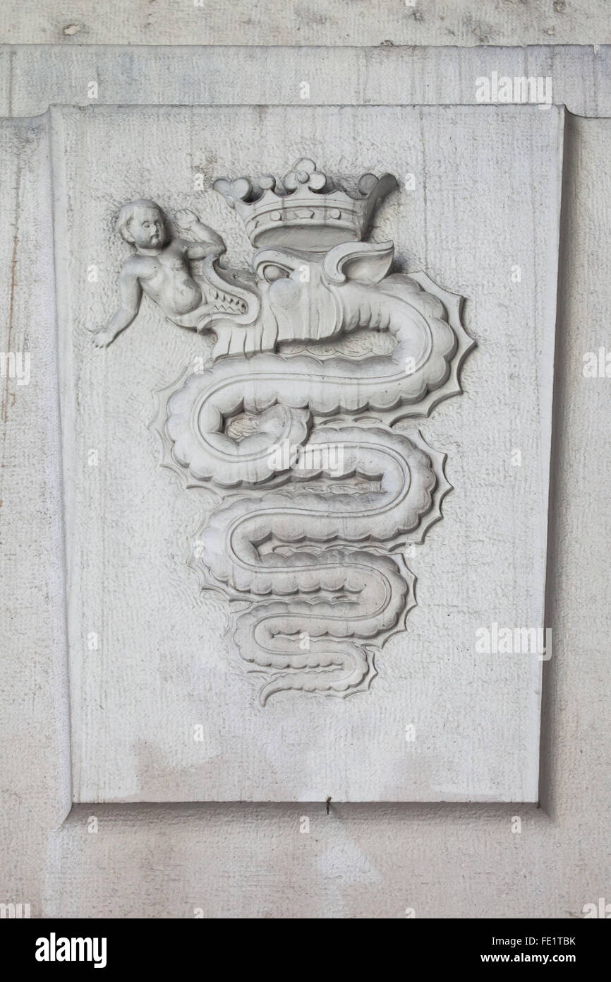 Coat of arms of the House of Visconti depicted as the symbol of Milan in the Central train station (Stazione di Milano Centrale) Stock Photo