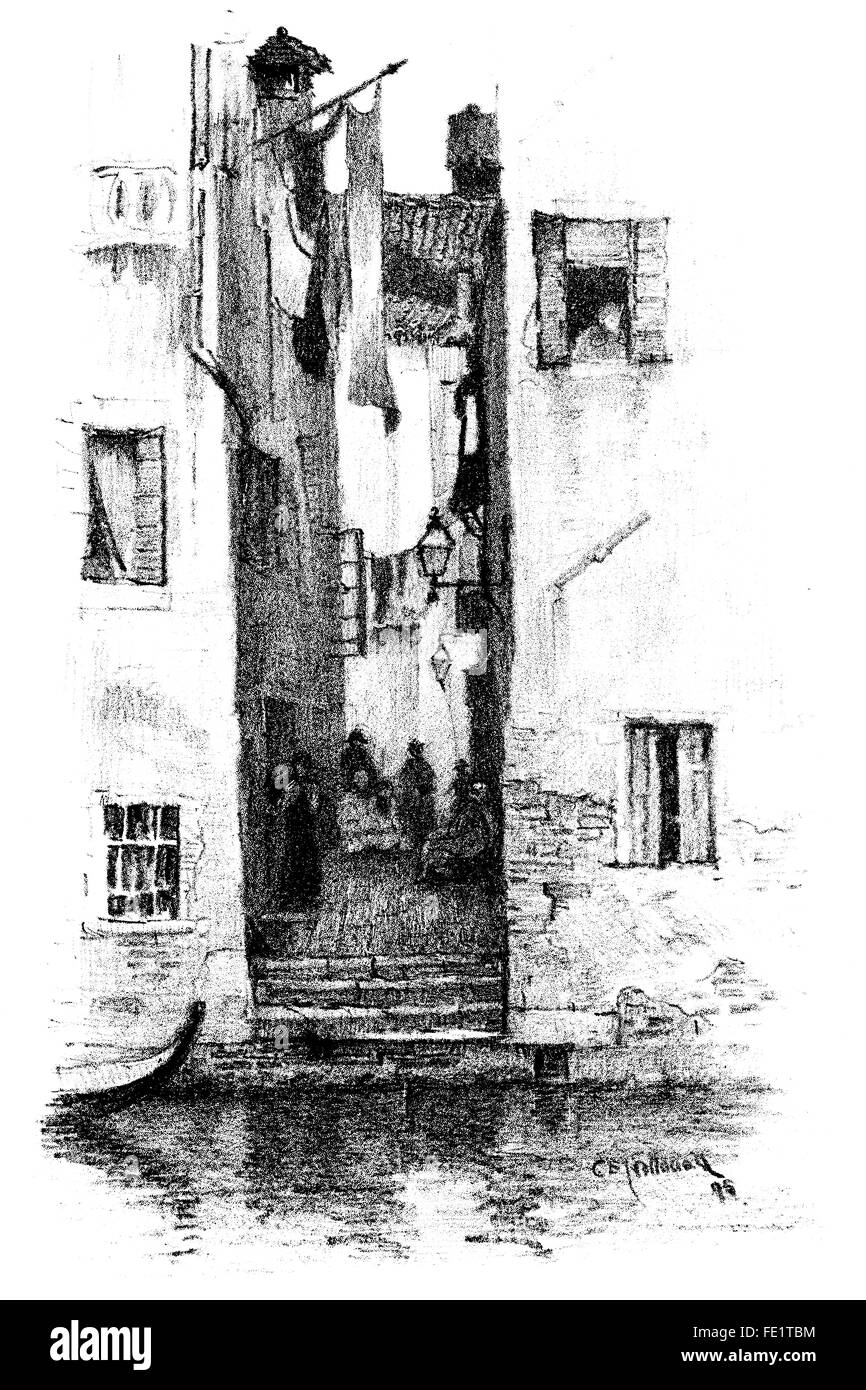 A Street in Venice, halftone auto-lithograph by Charles Edward Holloway, 1838 -1897, 1895 Illustration from 1897 Studio Magazine Stock Photo