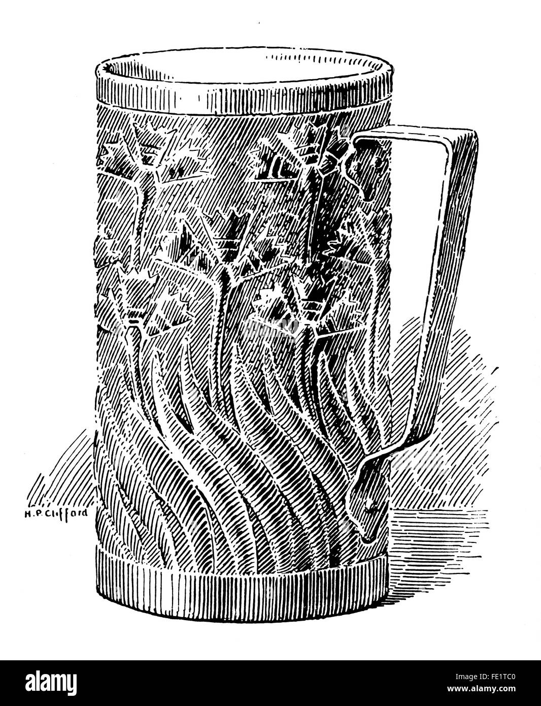 Yattendon Metalworking Class, Metal Tankard designed by Mrs Elizabeth Waterhouse, made, by George Frost, line Illustration by He Stock Photo