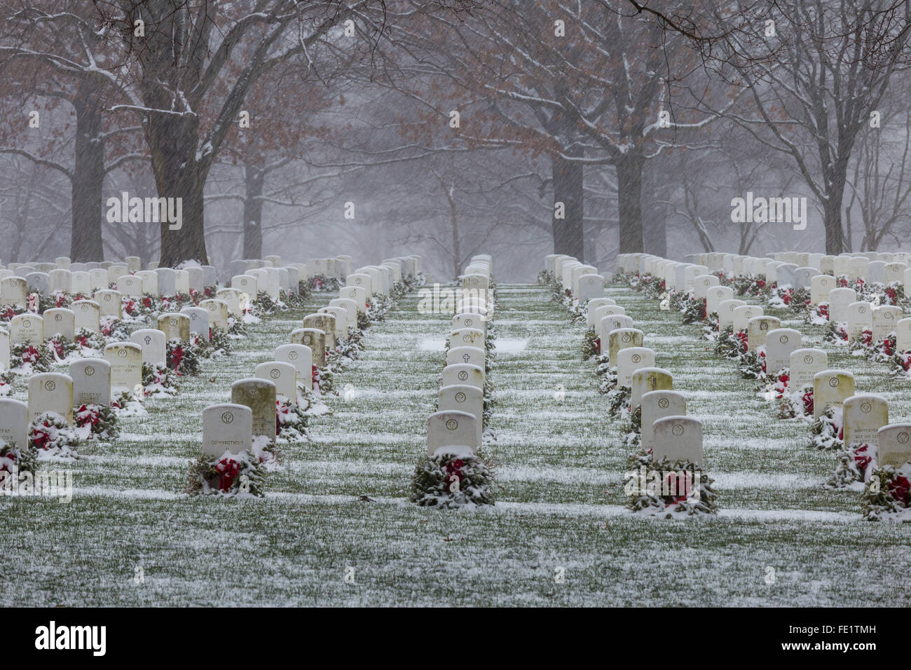 Snow begins to cover the headstones and wreaths from Wreaths Across America at Arlington National Cemetery Stock Photo