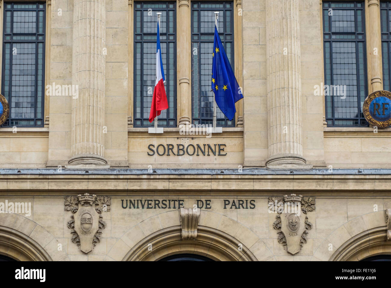 Sign at building Paris Sorbonne University, Paris IV, Université Paris Sorbonne, public research university in Paris, France Stock Photo