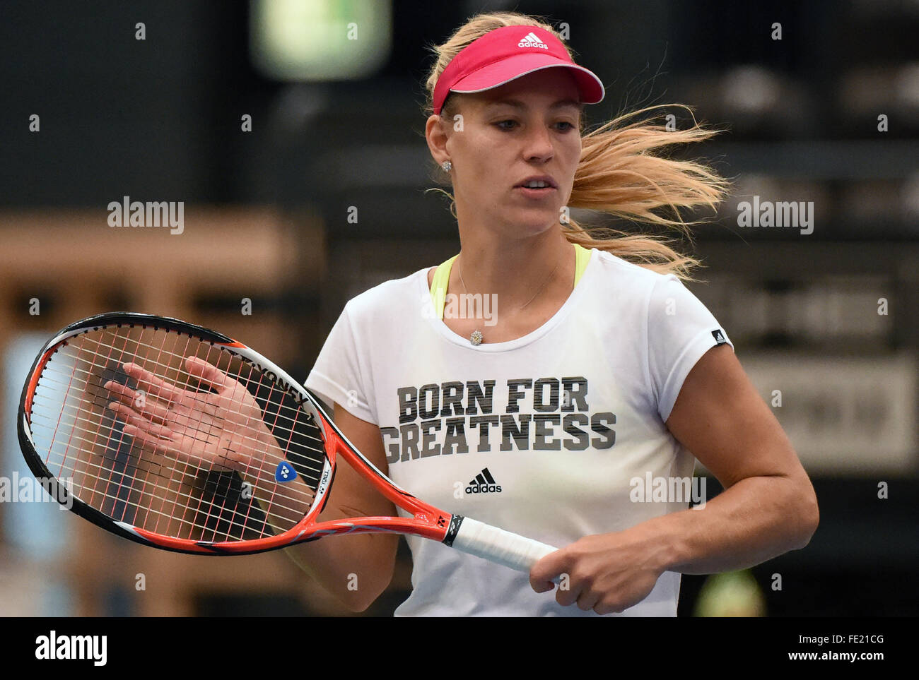 Leipzig, Germany. 04th Feb, 2016. Angelique Kerber of Germany in action  during a training session held prior to the Fed Cup tennis quarterfinal  between Germany and Switzerland in Leipzig, Germany, 04 February