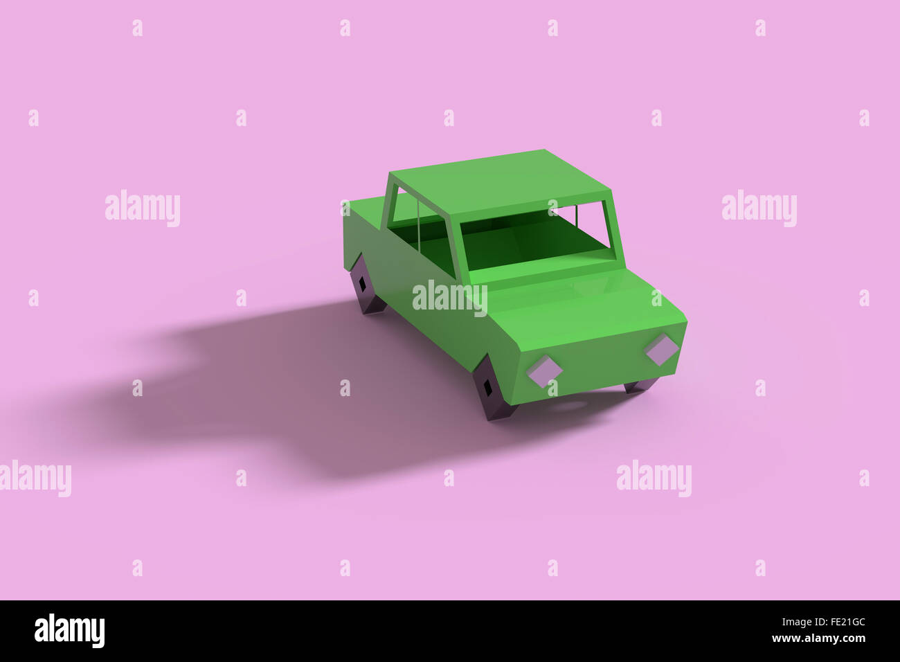 3d rendering in low poly of green car casting shadow on violet background. Stock Photo