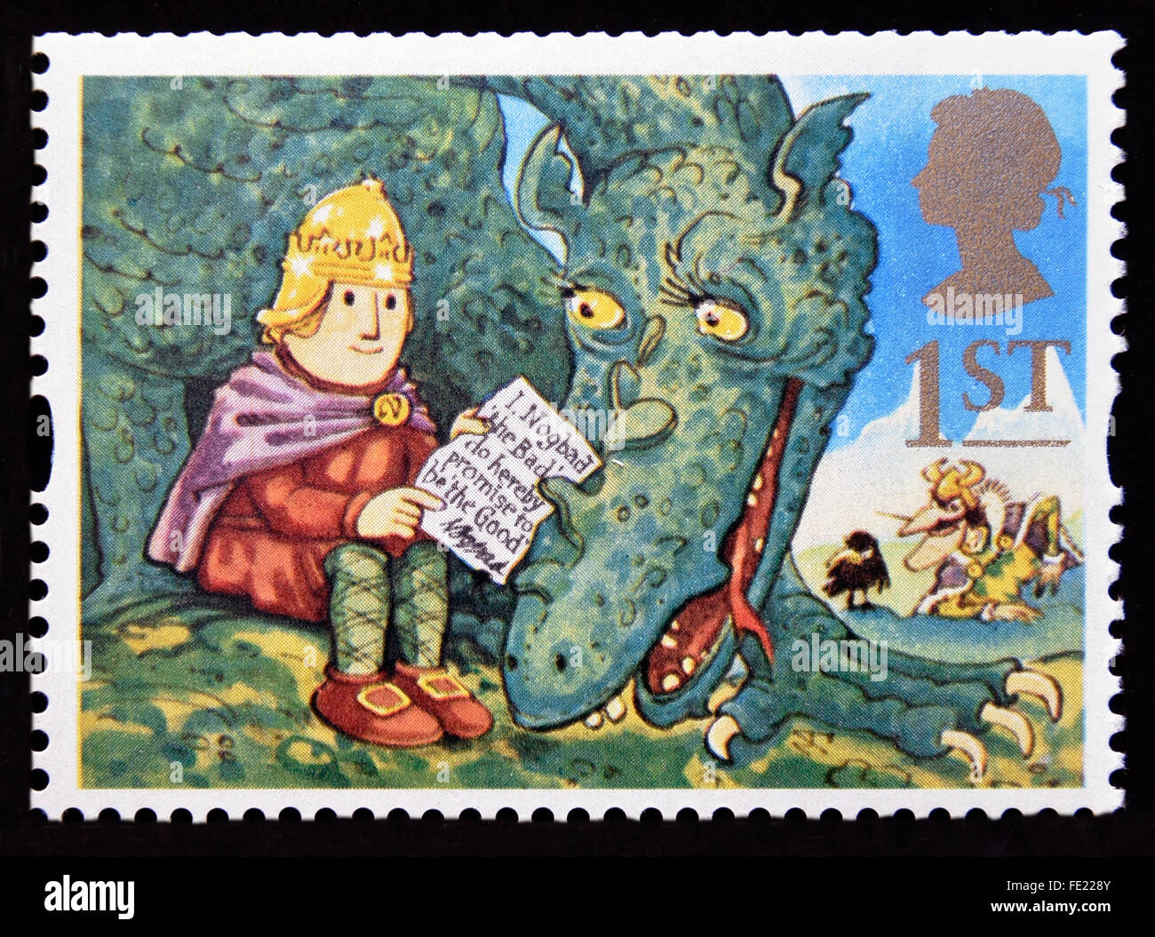 Postage stamp. Great Britain. Queen Elizabeth II. 1994. Greetings stamps. 'Messages'. Noggin and the Ice Dragon.1st. Stock Photo