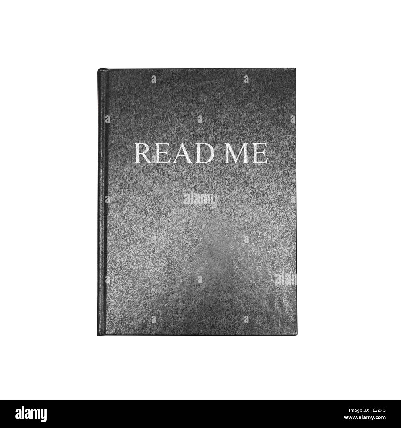 Read me manual. Book with empty black leather cover isolated on white background Stock Photo