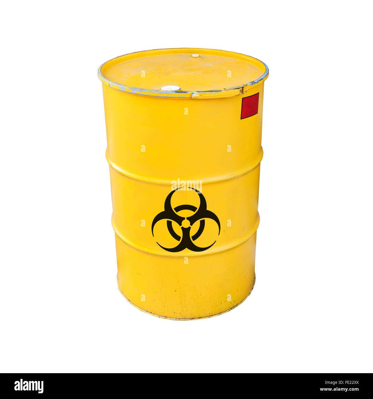 Yellow metal barrel with black biohazard warning sign isolated on white background Stock Photo