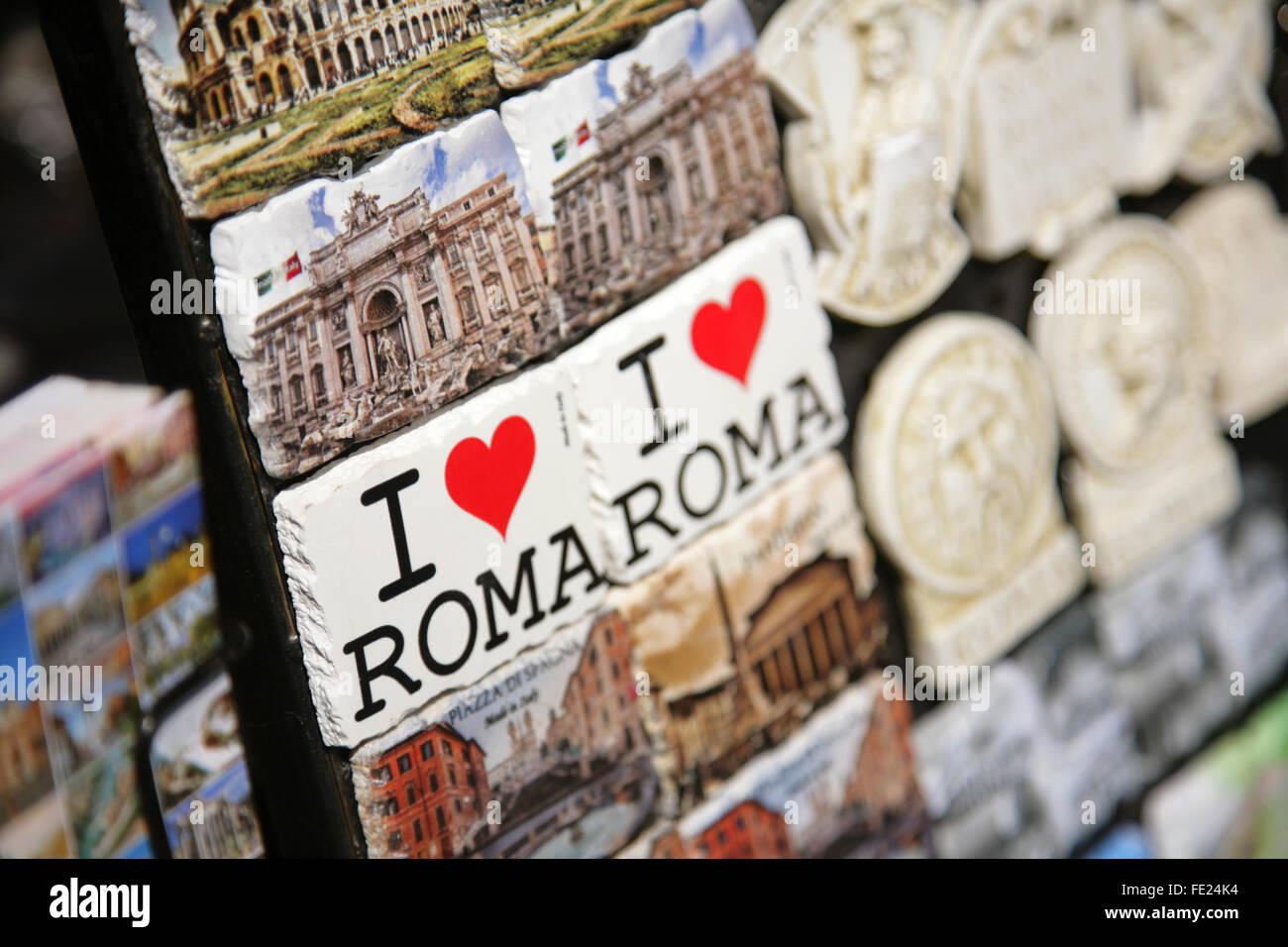 'I Love Roma' and other souvenir fridge magnets on sale, Rome, Italy. Stock Photo