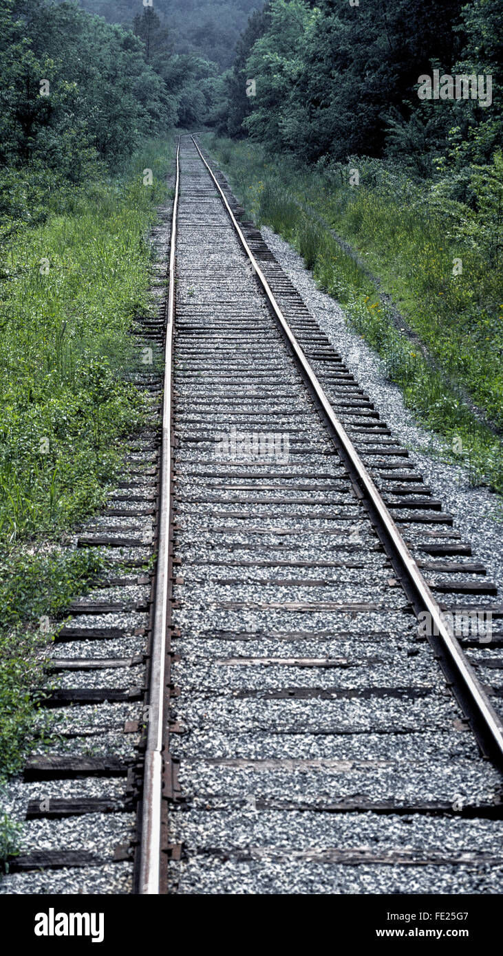 An abandoned railway line near Chattanooga, Tennessee, USA, with old train tracks that are going nowhere. Over the years a number of American railroads have stopped operating on numerous routes around the country. Stock Photo