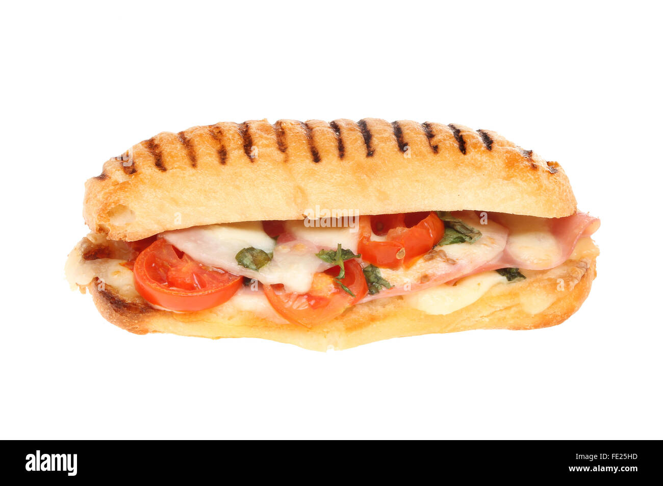 Mozzarella cheese, ham, tomato and basil panini isolated against white Stock Photo