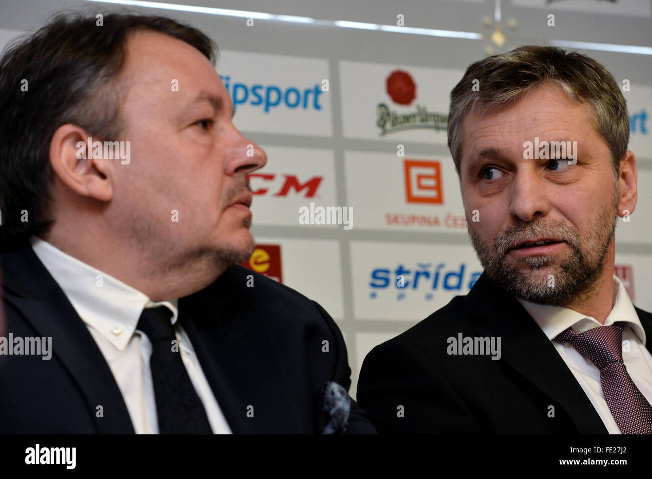 Prague, Czech Republic. 04th Feb, 2016. Press conference to announce national hockey teams roster for Euro Hockey Tour two games with Russia and present new operational team for 2016/17 season with Czech Ice Hockey Association (CSLH) President Tomas Kral (left) and coach Josef Jandac in Prague, Czech Republic, February 4, 2016. © Katerina Sulova/CTK Photo/Alamy Live News Stock Photo