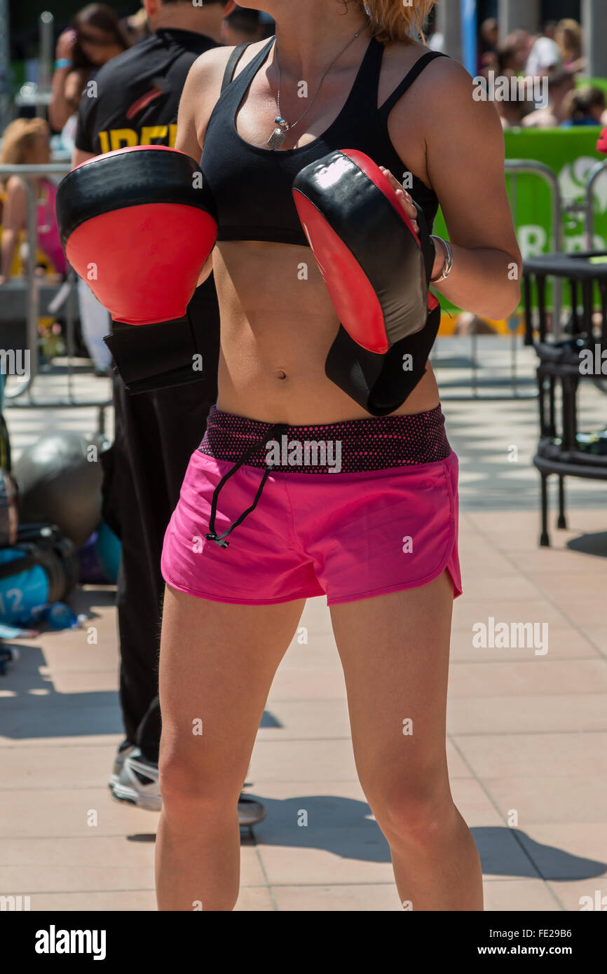 Fitness and Boxing Workout with Red Punch Mitts at Gym Stock Photo Alamy