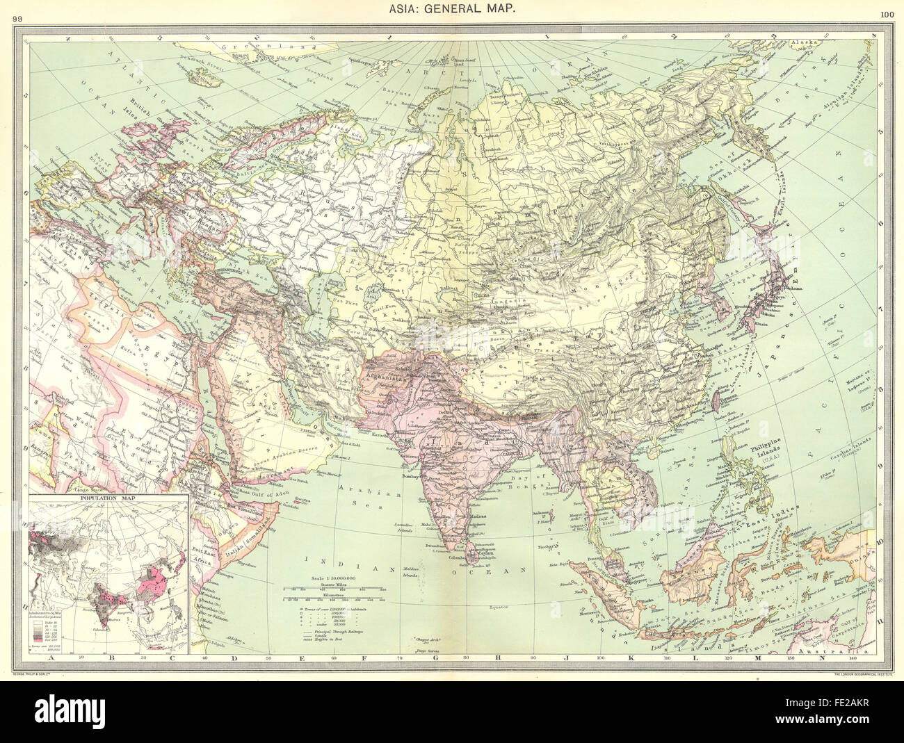 ASIA: Asia: General Map; Inset map of Population map, 1907 Stock Photo ...