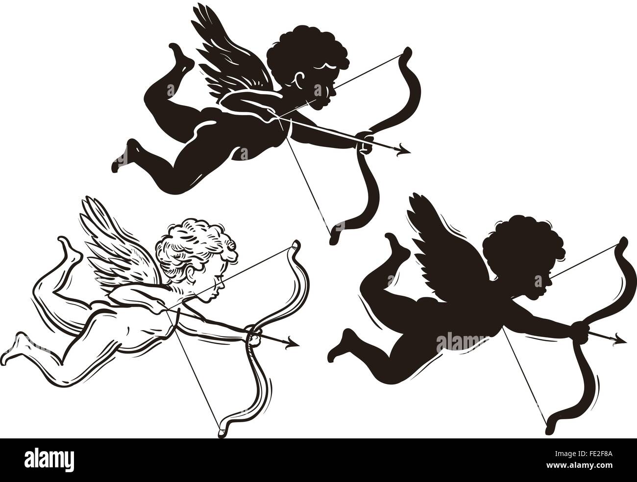 three cute Valentine's angel silhouette Stock Vector