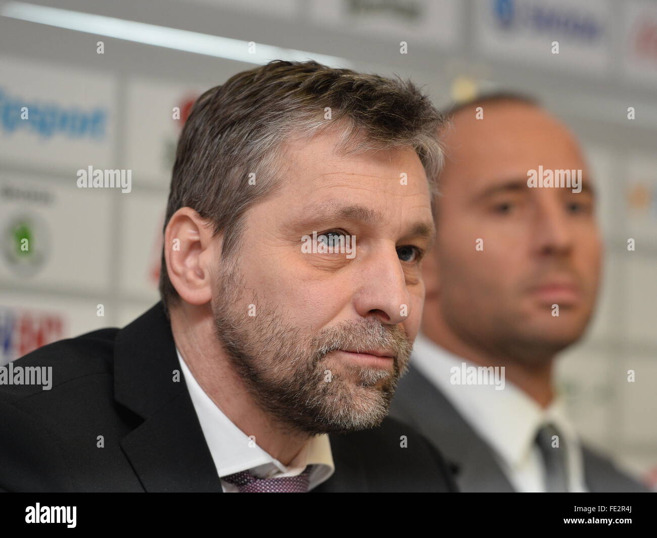 Prague, Czech Republic. 04th Feb, 2016. Press conference to announce national hockey teams roster for Euro Hockey Tour two games with Russia and present new operational team for 2016/17 season with coach Josef Jandac (left) and future general manager of national hockey team Martin Rucinsky in Prague, Czech Republic, February 4, 2016. © Katerina Sulova/CTK Photo/Alamy Live News Stock Photo